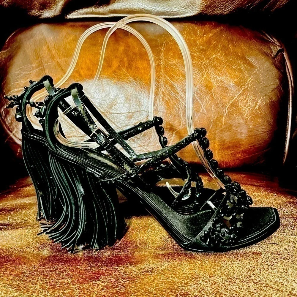 LOUIS Vuitton silk sandals crystal embellishments, patent leather fringe. EU 38